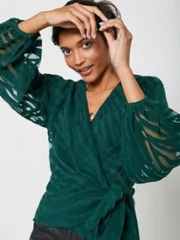 Image of Mint Velvet Animal Wrap Top - Green, Size 8, Women