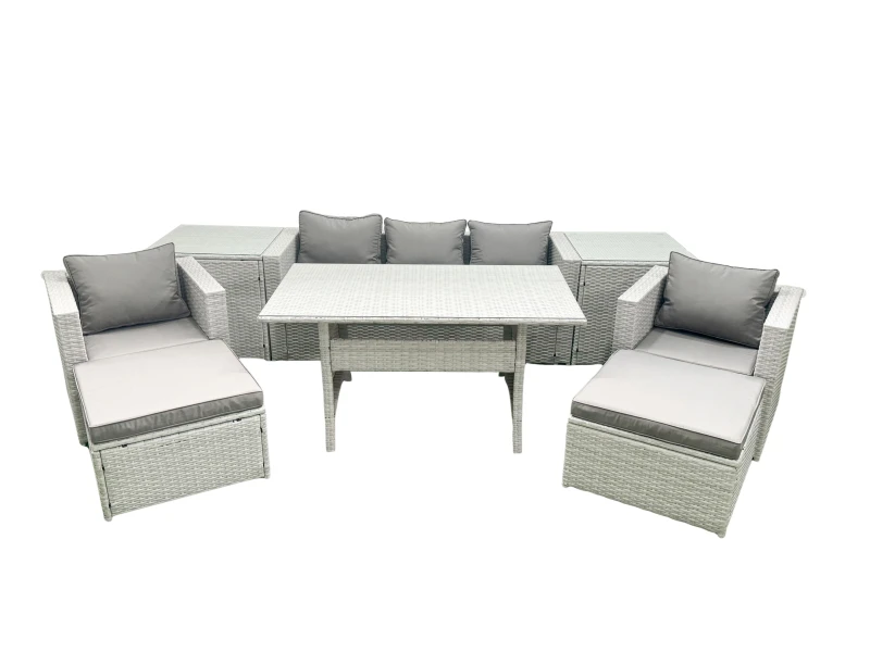 Image of Fimous Garden Dining Set Outdoor Rattan Furniture Set with Sofa Dining Table 2 Chairs 2 Big Footstools 2 Side Tables Light Grey Mixed Light Grey
