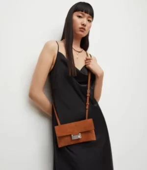 Image of AllSaints Womens Francois Leather Crossbody Bag, Amber Brown