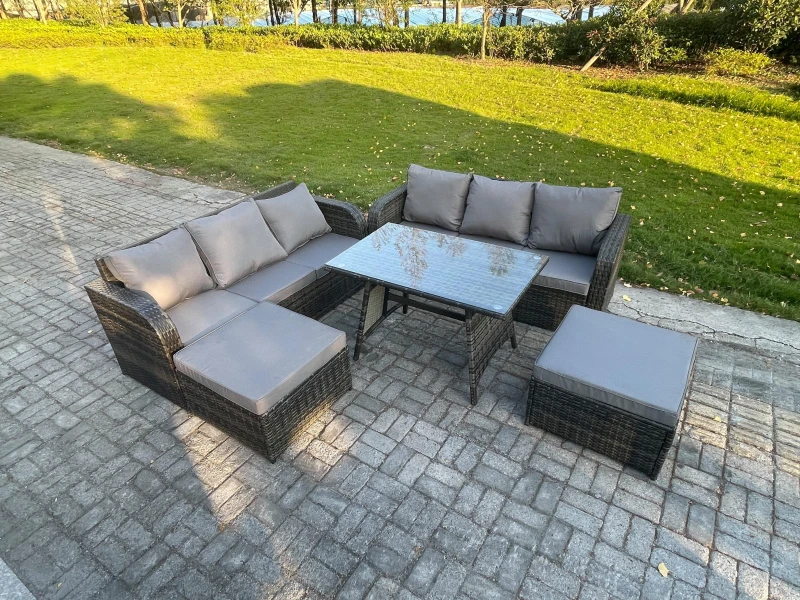 Image of Fimous Garden Furniture Sofa Set Rectangular Dining Table 2 Big Footstool Indoor Outdoor 8 Seater Rattan Set Dark Grey Mixed Dark Grey