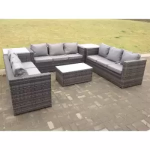 Image of Fimous 9 Seater Outdoor Dark Grey Rattan Lounge Complete Sofa Set with Oblong Coffee Table and 2 Side Tall Tables