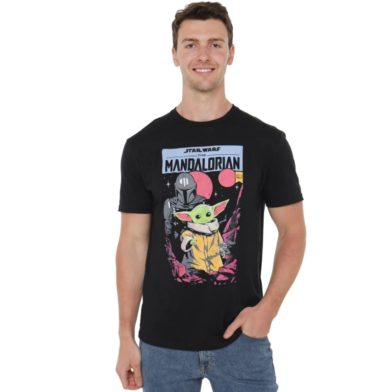 Image of Star Wars Men Star Wars The Mandalorian Baby Yoda Grogu Comic Mens T-Shirt Black Size: large Black L Male 5052777759068