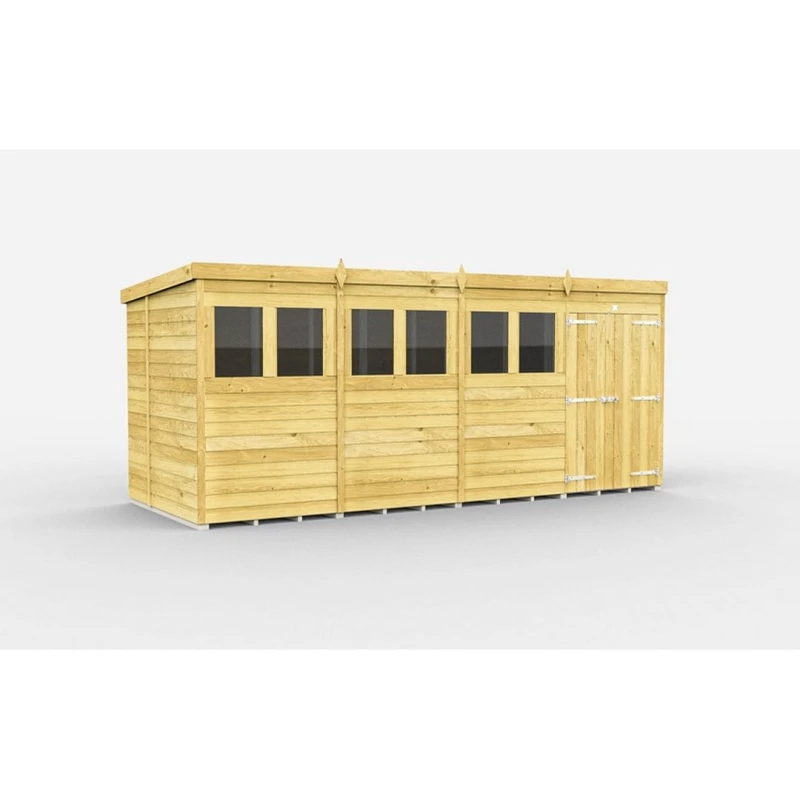 Image of Buttercup Farm 16 x 7 Feet Pent Shed - Double Door W/ Windows - L214 x W474 x H201cm in Brown Brown Unisex