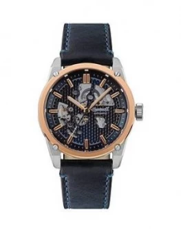 Image of Ingersoll Ingersoll The Carroll Silver And Rose Gold Detail Skeleton Automatic Dial Black Leather Strap Watch