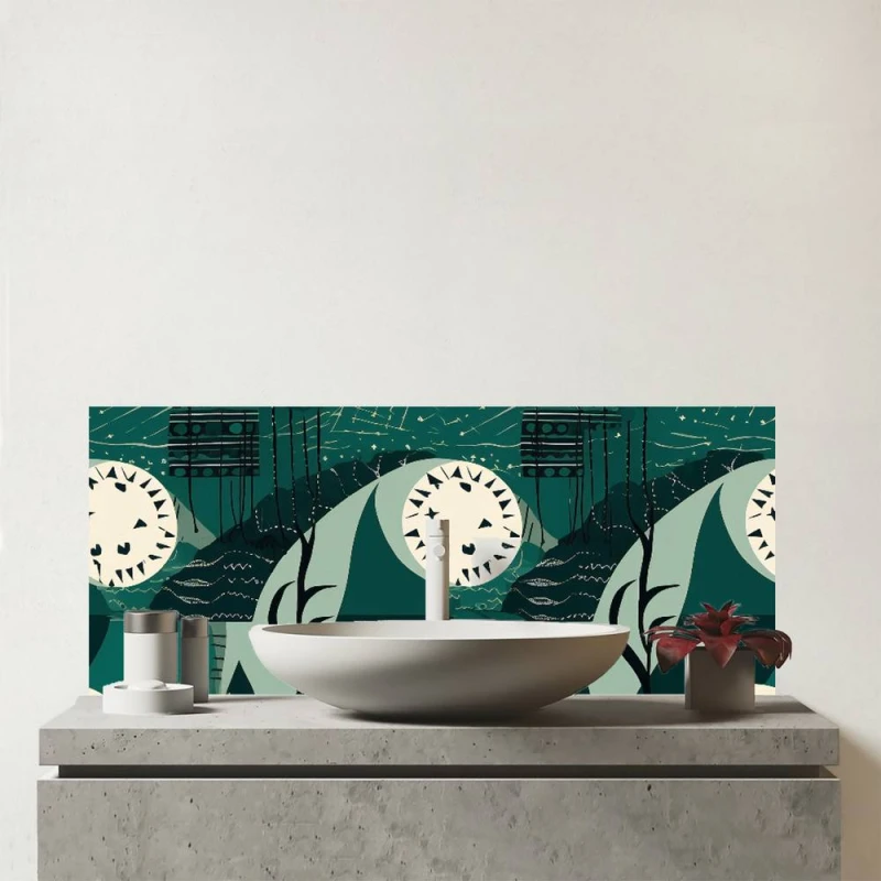 Image of Warren Reed - Designer Abstact Green Cream Moon & Stars Glass Bathroom Splashback Green Unisex