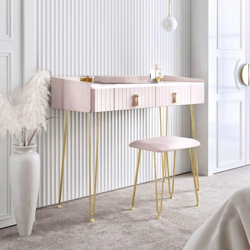 Image of CARME HOME Tokyo Glow Ballerina Pink Velvet Dressing Table with Velvet Stool Light Pink