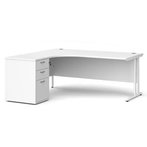 Image of Office Desk Left Hand Corner Desk 1800mm With Pedestal White Top With White Frame Maestro 25
