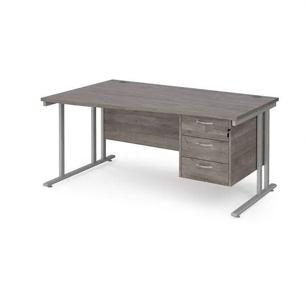 Image of Maestro 25 left hand wave desk 1600mm wide with 3 drawer pedestal - silver cantilever leg frame, grey oak top