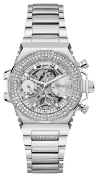 Image of Guess GW0552L1 Womens Silver Skeleton Dial Crystal Bezel Watch