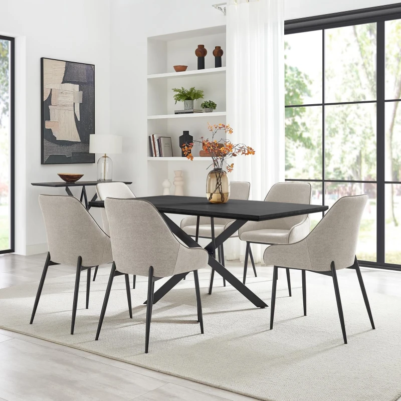 Image of FurnitureboxUK FurnitureboxUK Leonardo Black Top Dining Table & 6 Beaumont Fabric Chairs in Cream Cream One Size Unisex 5056784313282