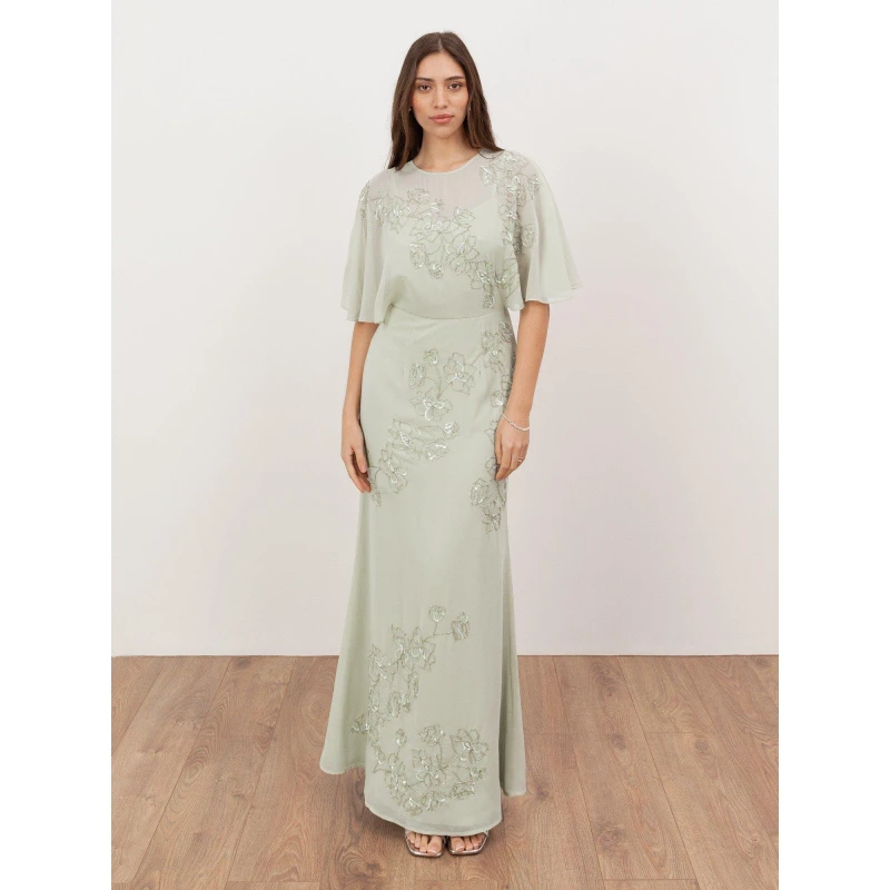 Image of Maya Deluxe Womens Floral Embellished Angel Sleeve Maxi Dress in Light Green Size: 16 Light Green Female 16