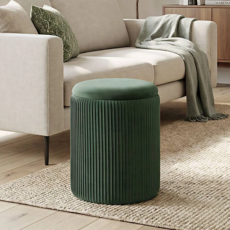 Image of HOMCOM Round Storage Ottoman with Removable Top in Dark Green Dark Green Unisex