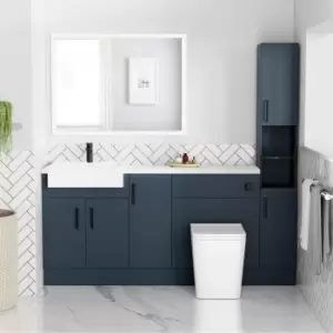 Image of 1800mm - 2100mm Blue Toilet and Sink Unit with Tall Cabinet Matt Worktop and Black Fittings - Coniston