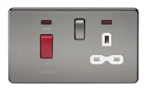 Image of KnightsBridge 2G 45A DP 230V Screwless Black Nickel Electric Switch With Neon and Socket - White Insert