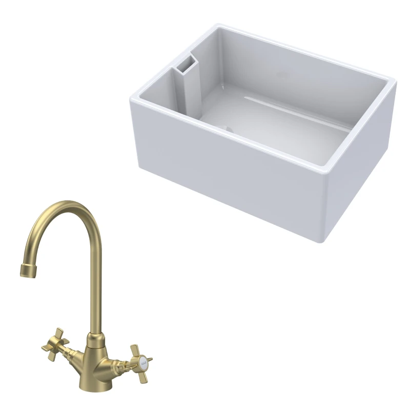 Image of Balterley Fireclay 1 Bowl Belfast Sink Tap Brushed Brass 615mm Bronze