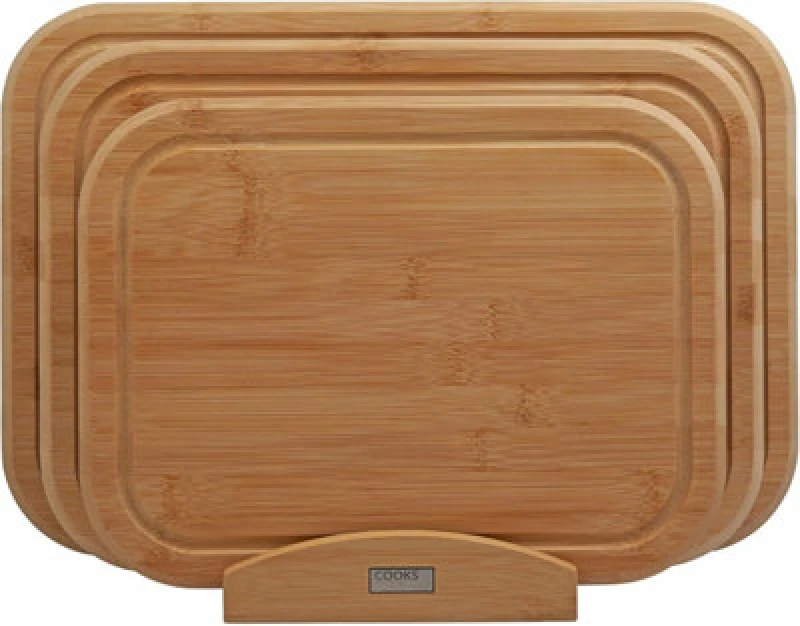 Image of Cooks Professional 3 Piece Bamboo Chopping Board Set With Storage Stand - Wooden Cutting Boards - Natural Edging