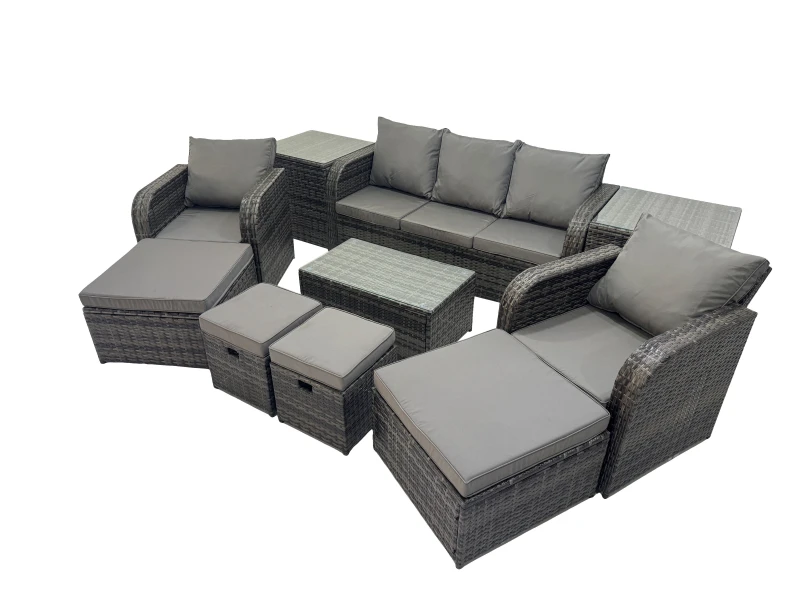 Image of Fimous Outdoor Garden Rattan Furniture Set 9 Seater with 4 Stool 2 Side Table in Dark Grey Dark Grey Unisex