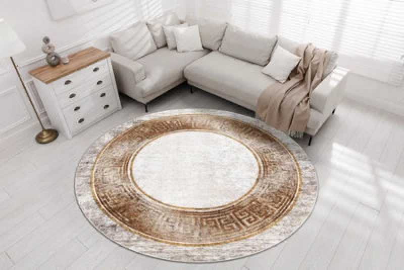 Image of RugsX Miro 51236.807 Circle Washing Carpet Marble, Greek Anti Slip - Beige / Circle 100 Cm