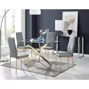 Image of Furniturebox Leonardo 120cm Modern Glass And Gold Metal Leg Dining Table And 4 Elephant Grey Gold Leg Milan Faux Leather Silver Chrome Leg Dining