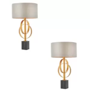 Image of 2 PACK Antique Gold Table Lamp & Mink Satin Shade - Black Marble Base Desk Light