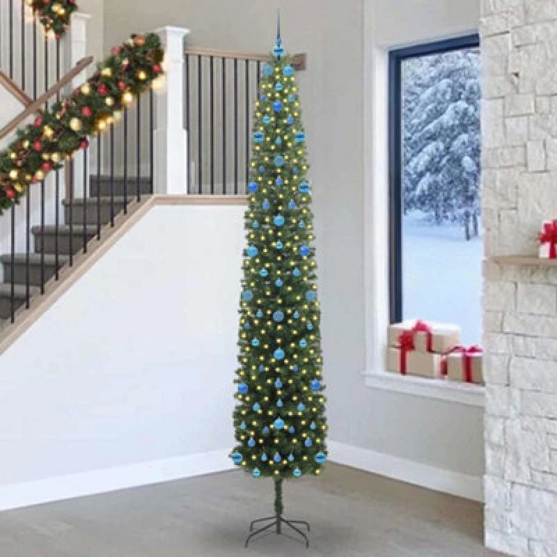 Image of vidaXL Artificial Christmas Tree with 300 LEDs, Blue Balls with Stand Green 270 cm, Green 3394985