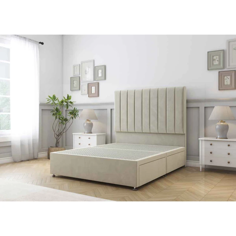 Image of Sloomy Kansas Cream Plush Divan Bed Base 2 Drawers Same Side With 26" Strutted Headboard 4'6 Double