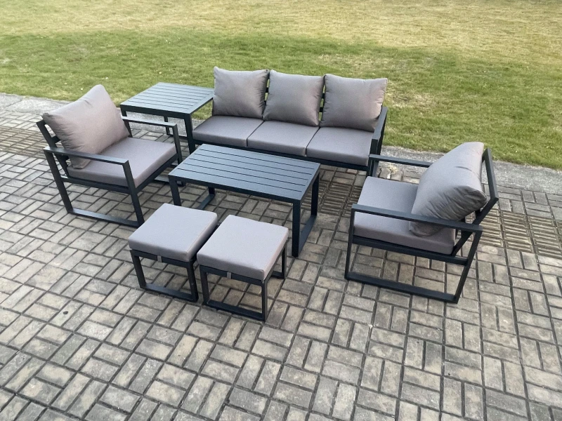 Image of Fimous Aluminium Patio Outdoor Furniture Set 7 Seater Garden Sofa with Oblong Coffee Table 2 Small Footstools 2 Armchairs Side Table Dark Grey Dark Gr