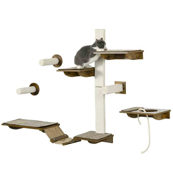 Image of PawHut 8pc Wall Mounted Cat Shelves w/Posts, Perches - Brown