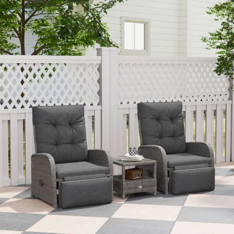 Image of Outsunny 3 Pieces Rattan Bistro Set with Cushions for Outdoor, Grey Grey