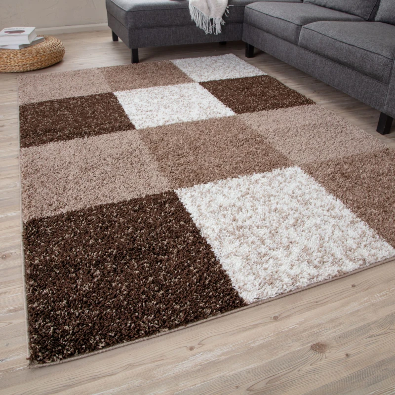 Image of THE RUGS Fluffy & Soft Shaggy Rugs Living Room Rug in Brown - Elegant Geometric Design Carpets For Bedrooms & Kitchen 381 Size: 200cm x 290cm Br