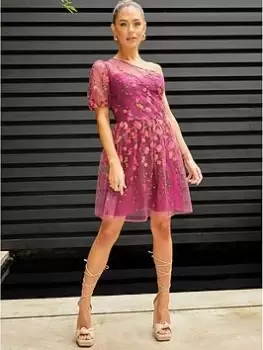 Image of Chi Chi London One Shoulder Embroidered Mini Dress - Red, Size 10, Women