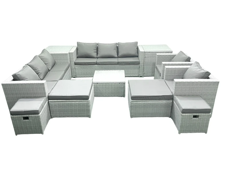 Image of Fimous Garden Outdoor Furniture Set 12 Seater Rattan Sofa Set with 4 Footstools 2 Side Tables Light Grey Mixed Light Grey
