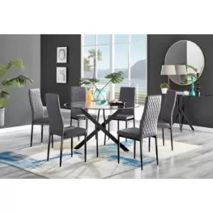 Image of Furniture Box Novara Black Leg 120Cm Round Glass Dining Table and 6 Grey Velvet Milan Black Leg Chairs