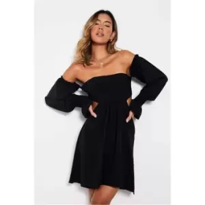 Image of I Saw It First Tiered Puff Sleeve Bardot Mini Skater Dress - Black