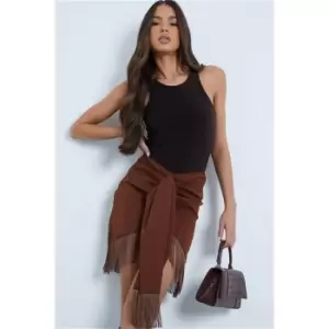 Image of I Saw It First Woven Wrap Tassel Mini Skirt - Brown