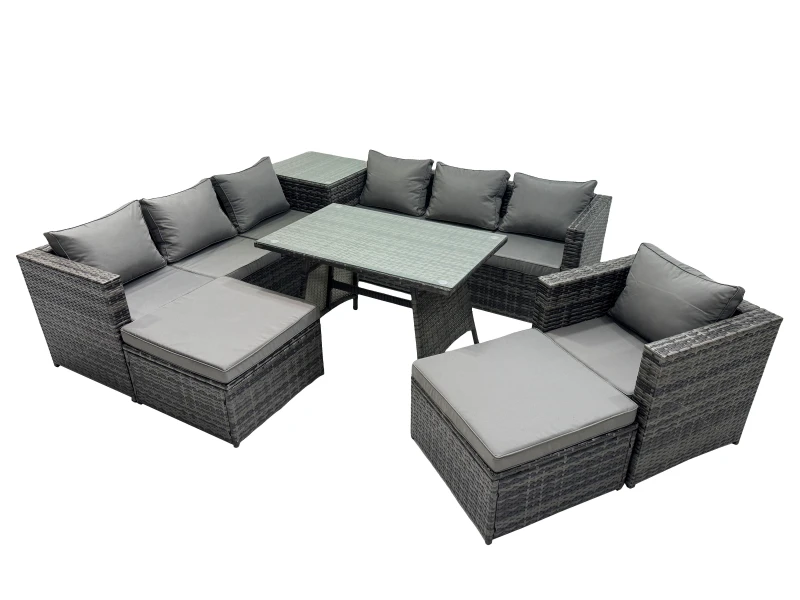Image of Fimous Outdoor Corner Sofa Chair Dining Table Set Garden Rattan Furniture Set 9 Seater With Side Table 2 Big Stool Dark Grey