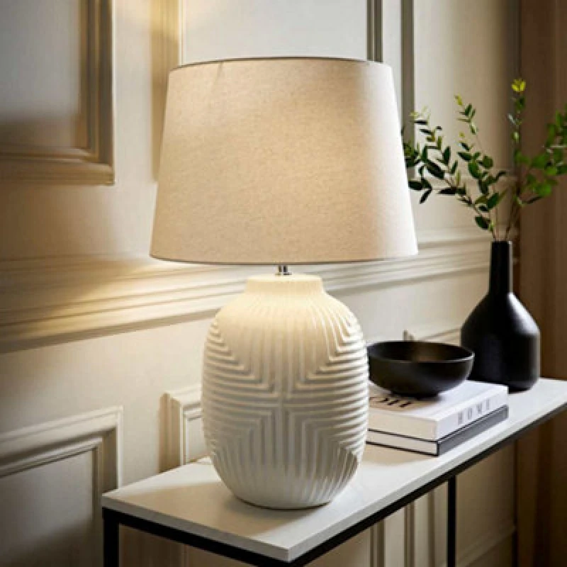 Image of ValueLights ValueLights Harrison Tapered Shade White Geometic Ribbed Pattern Gloss Table Lamp Size: Large White Large Unisex 5016529272175