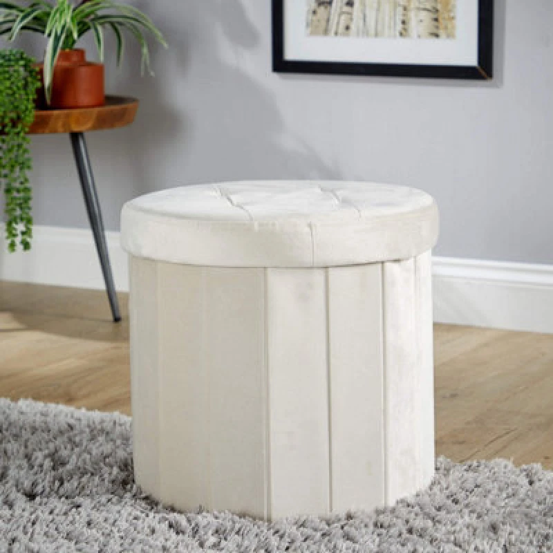 Image of Home Source Grantham Velvet Round Beige Round Storage Ottoman Pouffe