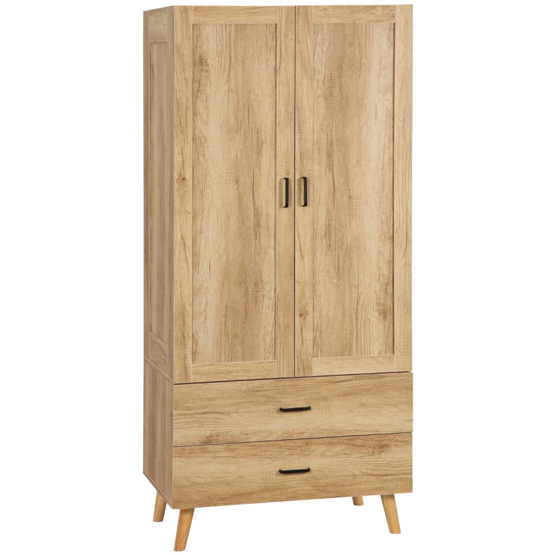 Image of HOMCOM 2 Door Wardrobe, Modern Wardrobe with 2 Drawer and Hanging Rail for Bedroom, Natural