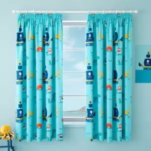 Image of Cosatto Sea Monsters Childrens 100% Cotton Jersey Pencil Pleat Lined Curtains, Blue, 66 x 72 Inch