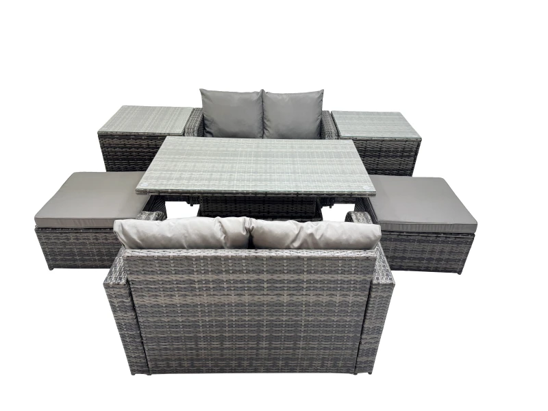 Image of Fimous 6-seater Rattan Garden Furniture Set with 2 Big Stool 2 Side Tables in Dark Grey Dark Grey Unisex