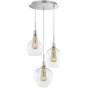 Image of Merano - Esquimalt 3 Light Cluster Pendant Ceiling Light Chrome Aluminium Clear Glass, Gold Frame LED G9