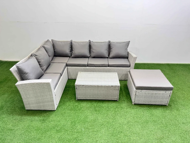 Image of Fimous 7 Seater Garden Outdoor Rattan Furniture Set with Oblong Coffee Table in Light Grey Light Grey Unisex