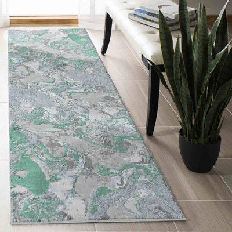 Image of Solarius Modern Grunge Marbling Abstract Area Rugs Aqua 60X220 Cm