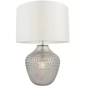 Image of Endon Chelworth Modern Classic Twin Light Table Lamp Grey Tinted Ribbed Glass Base White Fabric Shade