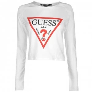 Image of Guess Cropped Logo Long Sleeve T Shirt - White