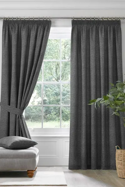 Image of 'Pembrey' Textured Pair of Pencil Pleat Curtains With Tie-Backs