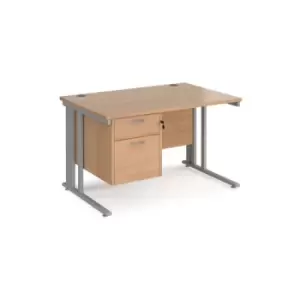 Image of Office Desk Rectangular Desk 1200mm With Pedestal Beech Top With Silver Frame 800mm Depth Maestro 25 MCM12P2SB