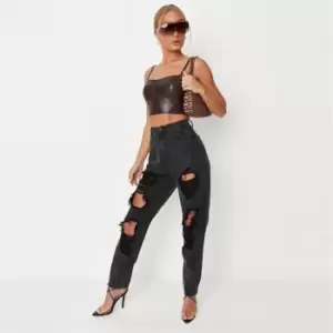Image of Missguided Washed Roll Hem Distressed Riot Mom Jean - Black