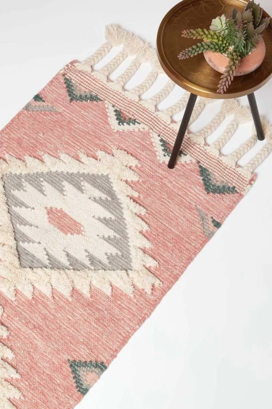 Image of Homescapes Pali Pink Kilim Runner Wool Rug 66 x 200cm Pink